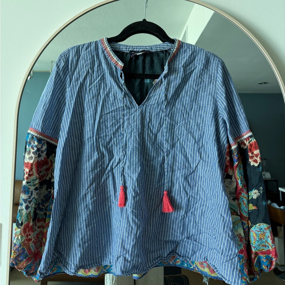 Johnny Was Workshop Silk Striped Blue Blouse with Floral Sleeves